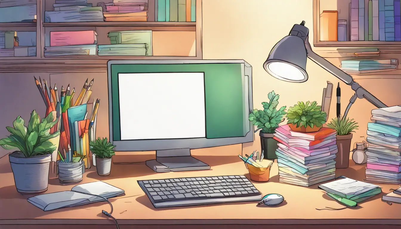 Imagem de uma mesa de trabalho com computador, notas adesivas coloridas, livros e uma planta, iluminada por uma lâmpada de mesa.