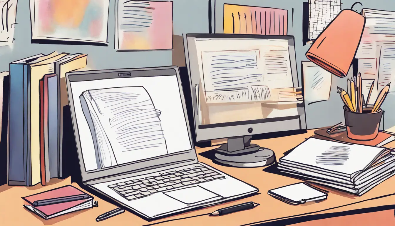 Imagem de uma mesa de estudo com um laptop exibindo software de resumo de textos, uma pilha de livros ao lado e um bloco de notas com caneta.