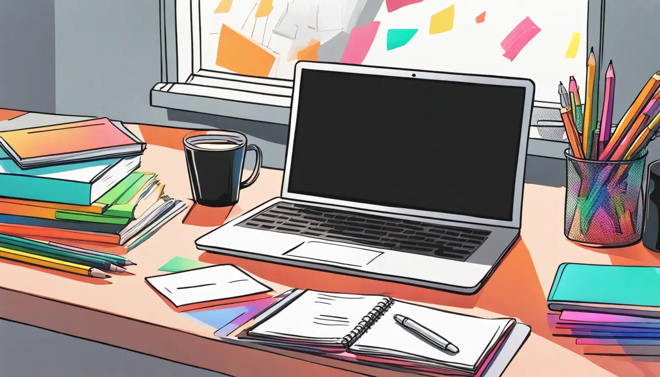 Imagem de uma mesa de escritório moderna com laptop, livros de tecnologia e negócios e canetas marcadoras, ideal para estudantes e profissionais criando resumos online.