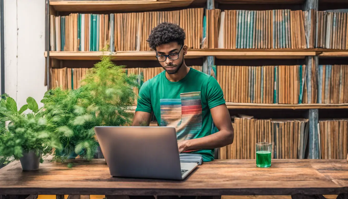 Estudante utilizando um laptop para gerar resumos, cercado por livros e cadernos, em uma sala de estudo bem iluminada com prateleiras de livros ao fundo.