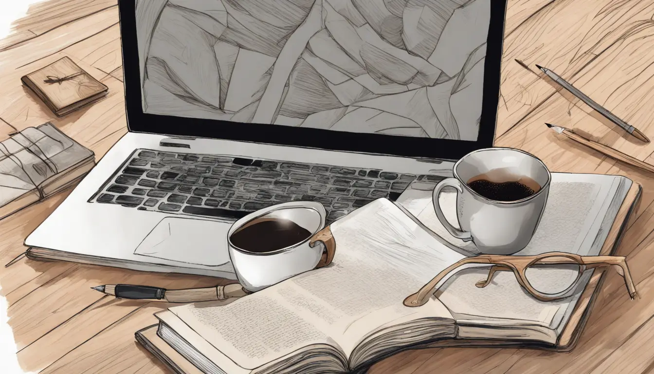 Imagem de um laptop com um site de resumo de textos online, ao lado de uma caneca de café, em uma mesa de madeira com uma estante de livros ao fundo.