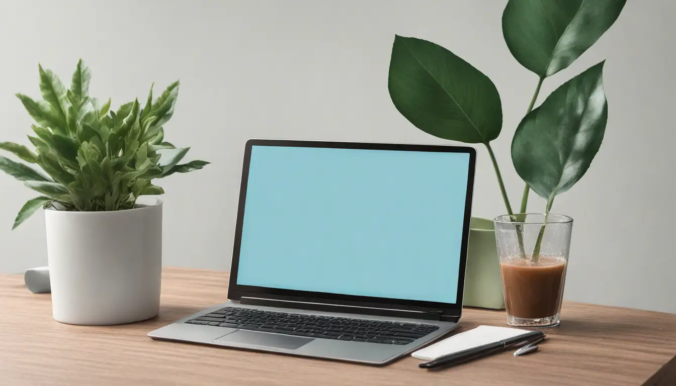 Mesa de escritório de madeira clara com laptop aberto, caderno, caneta, xícara de café, e planta em vaso pequeno com janela ao fundo mostrando céu azul.