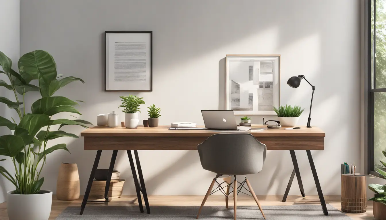 Escritório em casa com mesa de madeira, laptop mostrando ferramenta de resumo, copo de café, caderno, planta e janela grande ao fundo.