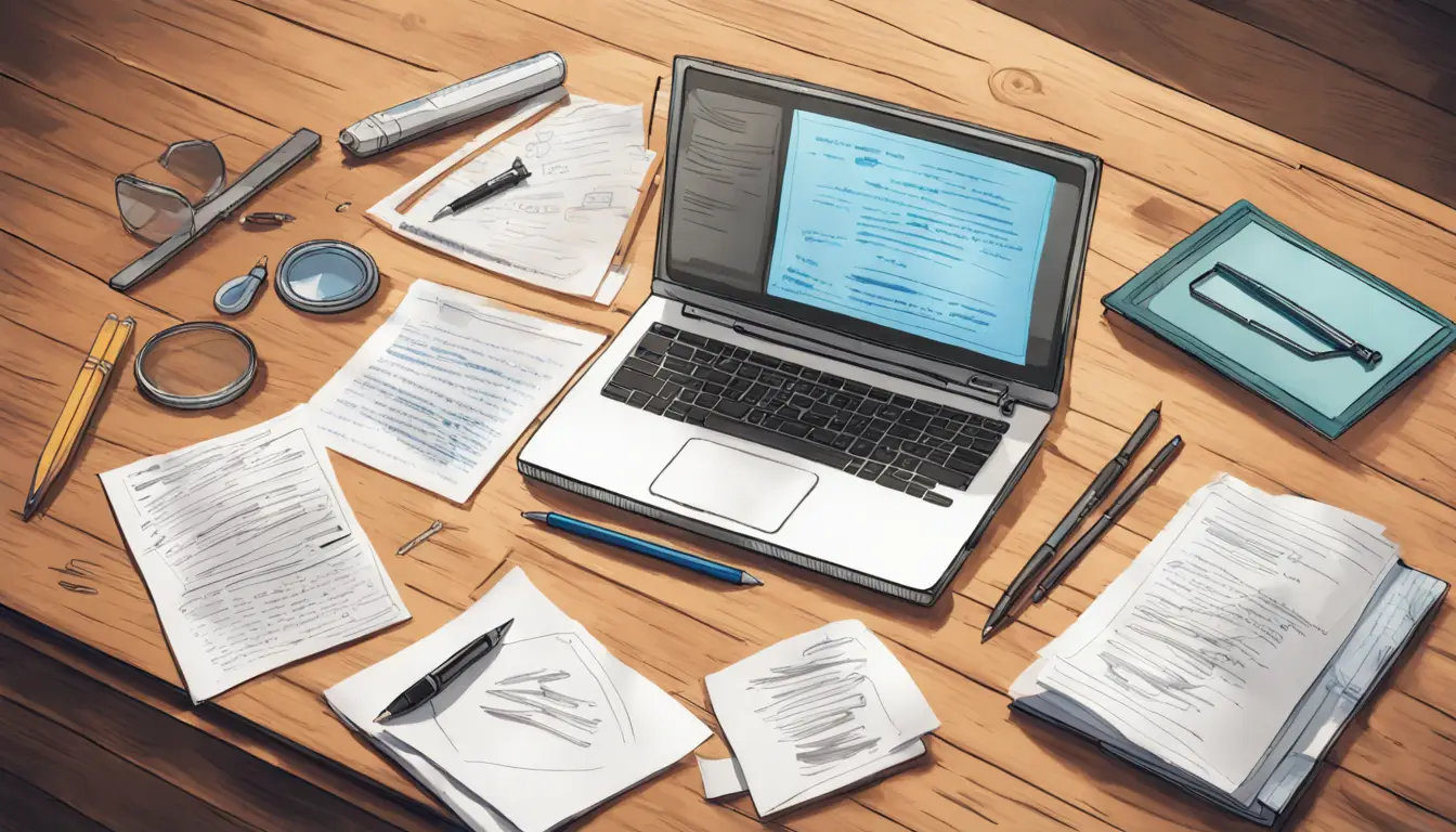 Computador portátil com documento aberto e texto destacado, com lupa e lápis sobre uma mesa de madeira.