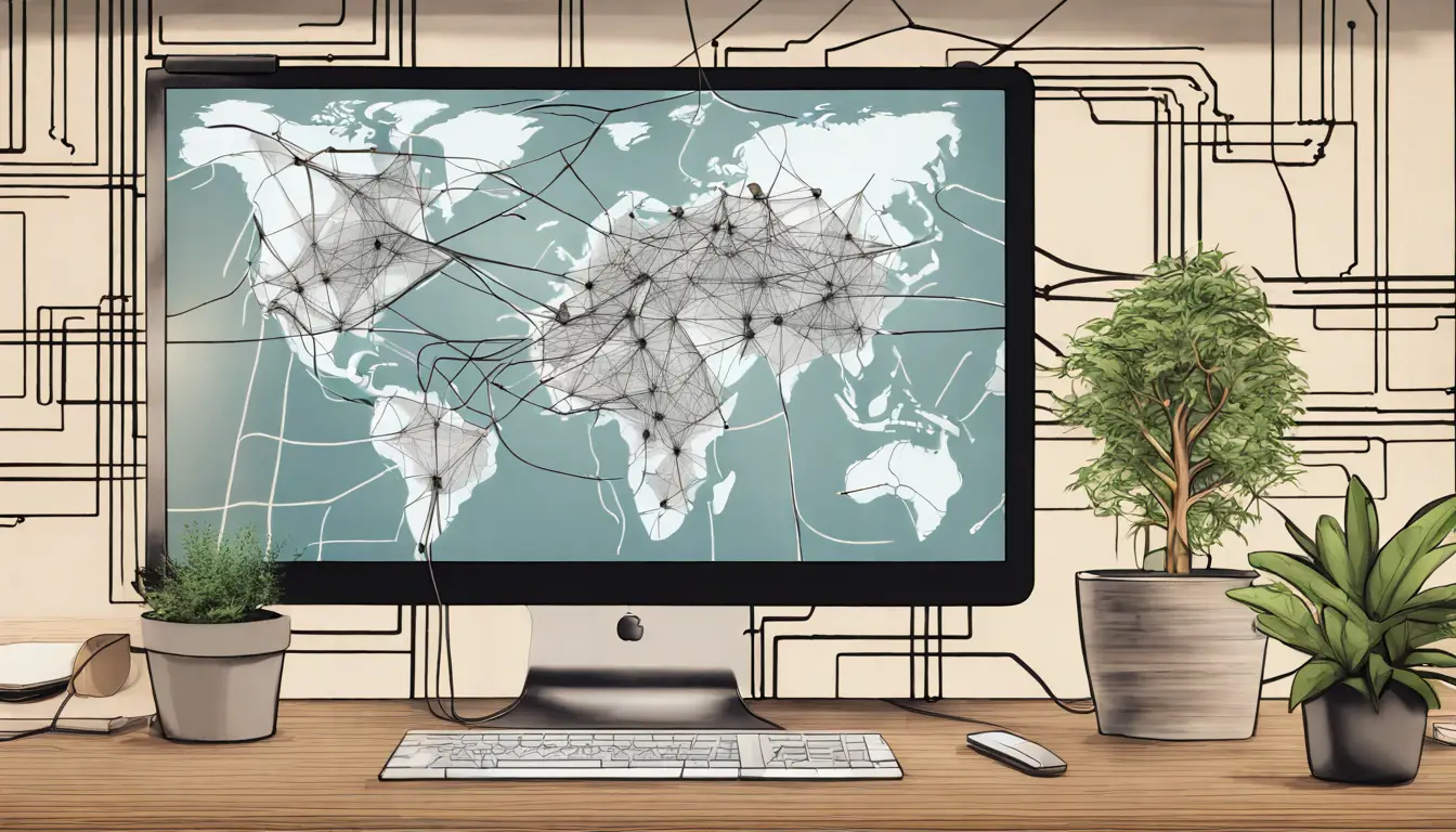 Tela de computador mostrando um mapa digital de rede complexa em um escritório moderno com mesa de madeira.