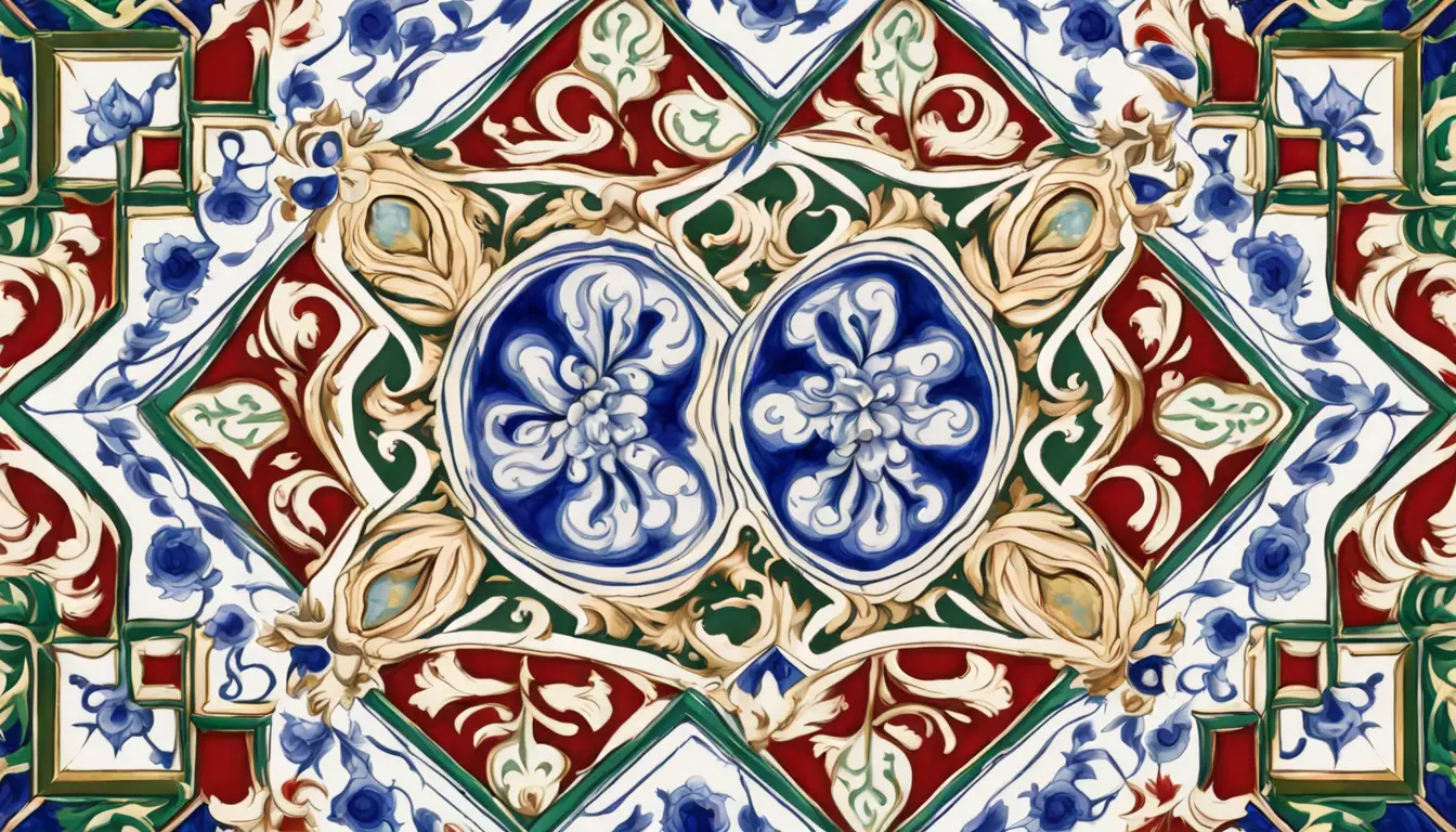 Azulejo português com pião dourado no centro, cercado por azulejos vermelhos e verdes.