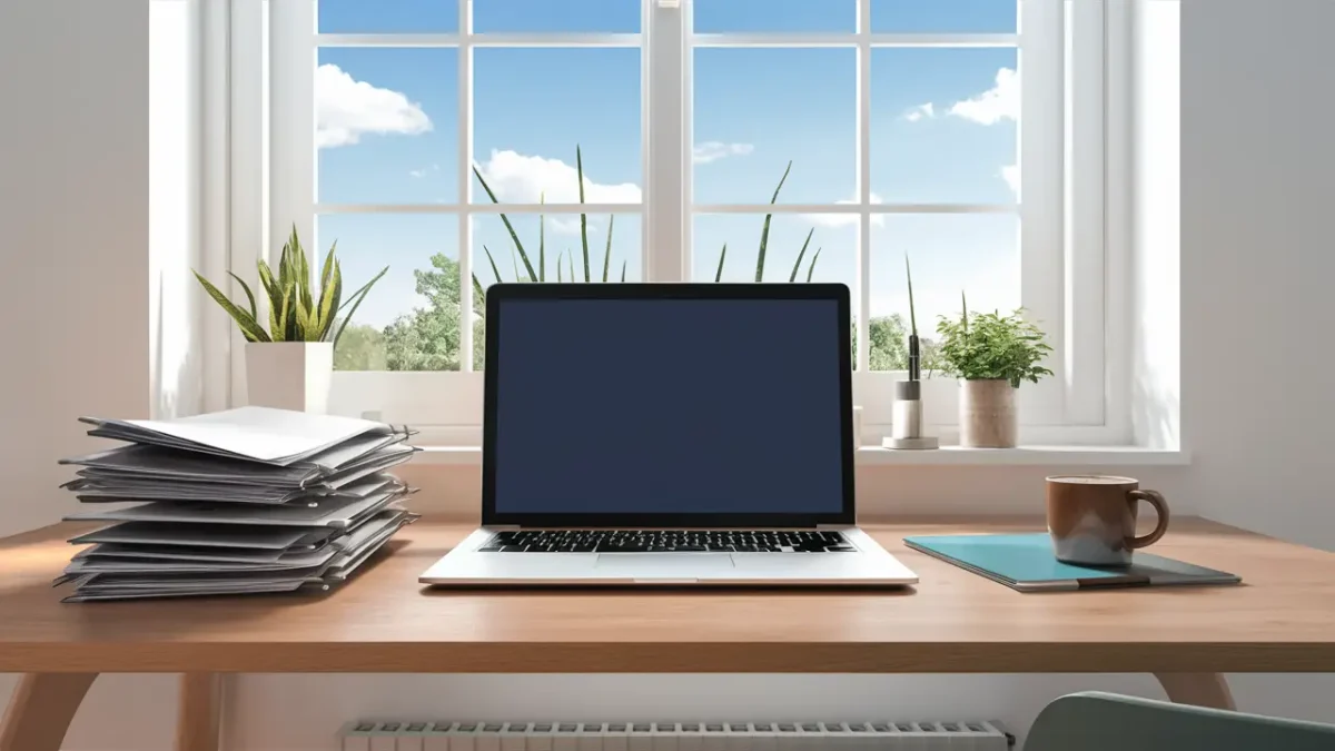 Laptop em mesa de madeira com papéis organizados e xícara de café, janela ao fundo com céu azul e plantas.