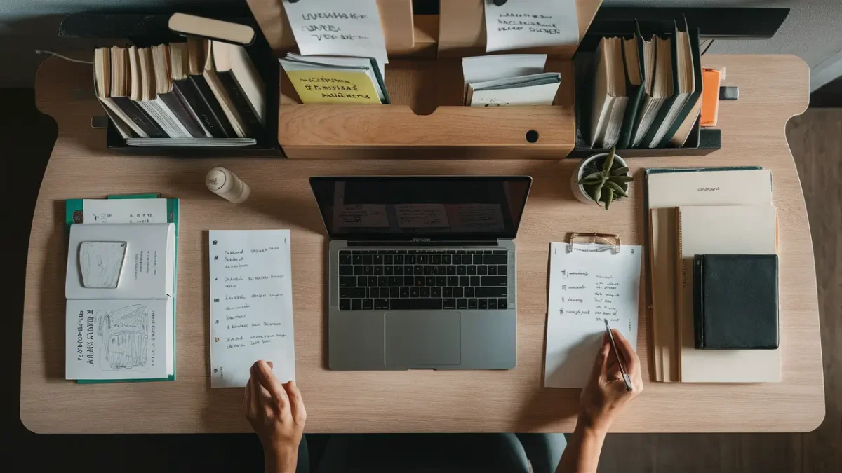 Espaço de trabalho moderno com laptop e livros organizados em uma mesa de madeira clara, planta ao lado.