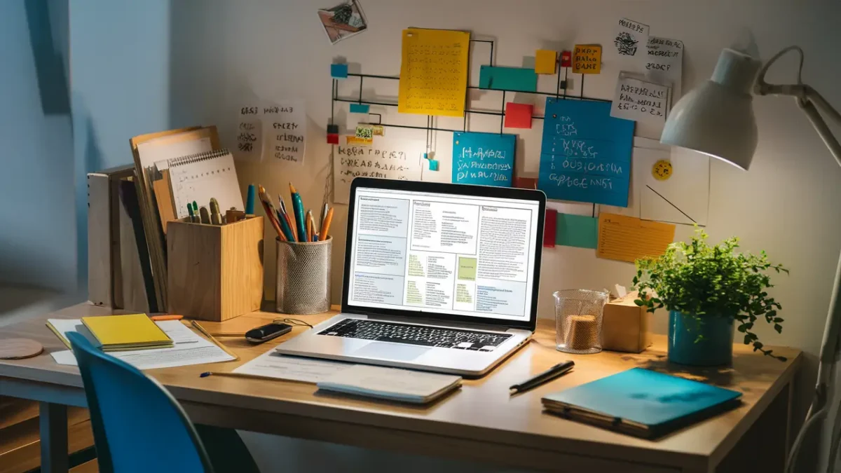 Laptop aberto mostrando gráficos de texto, blocos de notas e planta em uma mesa de escritório bem iluminada.